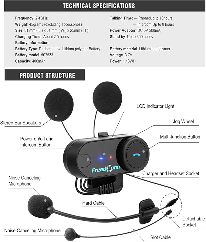 FreedConn Motorcycle Bluetooth Headset, TCOM VB 2-Way 800M Helmet Communication Systems,Motorbike Bluetooth Intercom, intercomunicador para motos/FM/BT5.0/Siri/2 in 1 Mic for full/3/4 Helmet(2Pack)