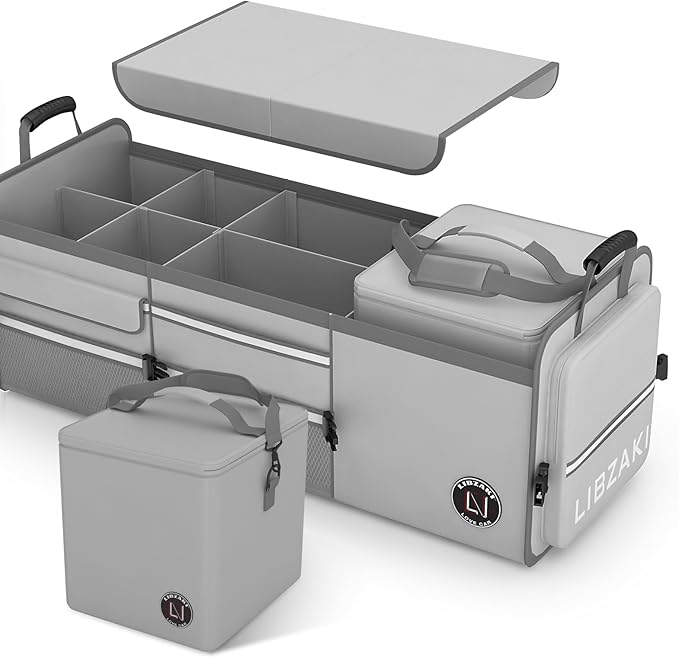 LIBZAKI Oversize 4 in 1 Car Trunk Storage Organizer, Multi Compartment Collapsible Trunk Storage Box with Cooler Bag for Car Truck SUV-Gray