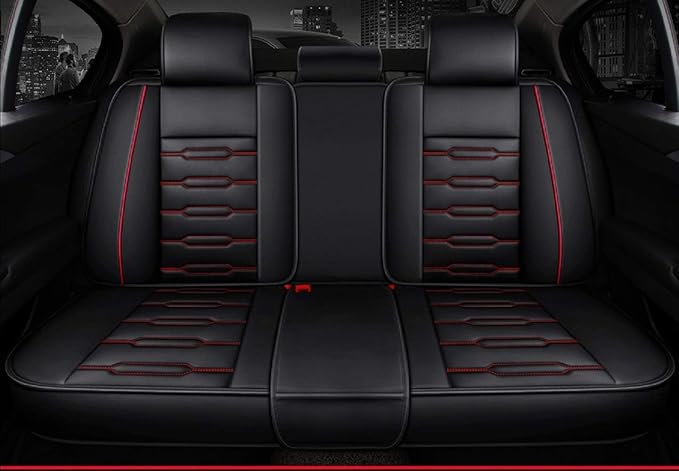 Seat Covers Full Set, Waterproof Leather Seat Covers for Cars, 5 Seats Universal Car Seat Protectors, Black Car Seat Covers Car Seat Cushions Fit for Most Cars (Black-red)