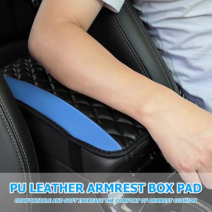 Car Center Console Cushion Pad, Universal Leather Waterproof Armrest Seat Box Cover Protector,Comfortable Car Decor Accessories Fit for Most Cars, Vehicles, SUVs (Blue)