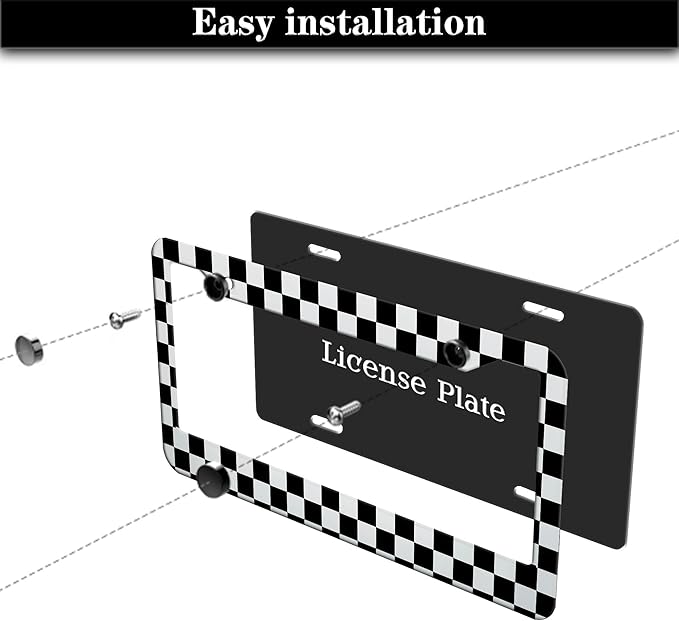 License Plate Frames Black and White License Plate Bracket Black and White Checkerboard Universal Aluminum Car Accessory 2 Pack with Screw Covers Set