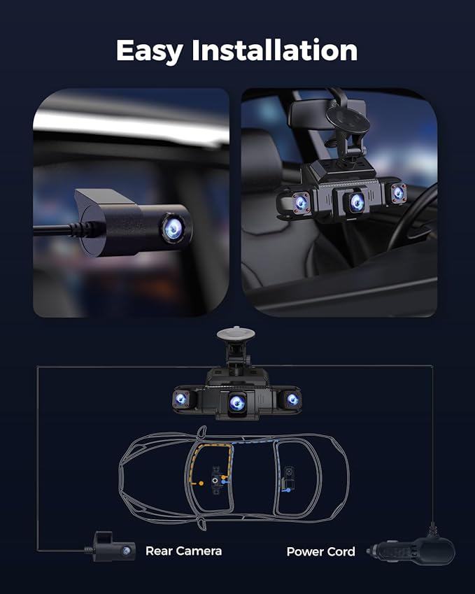360 뷰 4 채널 대시 캠 전면 및 후면 왼쪽 오른쪽 내부 카메라, 자동차, GPS 및 5G 밴드 WiFi, 야간 시야, 160도 광각, WDR, 24H 주차 모드, 슈퍼 커패시터, 128GB 카드 포함