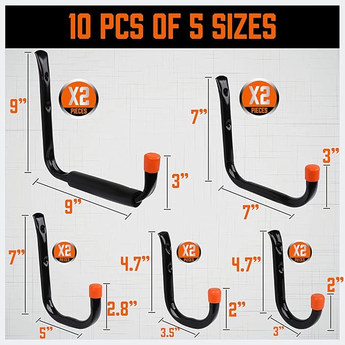 HORUSDY 10-Pack Heavy Duty Garage Storage Hooks Assorted Utility Hooks, 9", 7", 5", 3.5", 3" Two Each