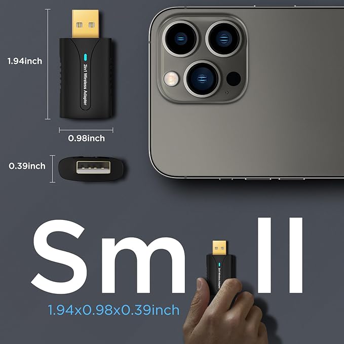 2in1 CarPlay Android Auto Wireless Adapter, Mini Car Play Cars Stick, Fast Auto Connection for OEM Wired Car Play Model 2017 Above, for iPhone iOS 12 /Android 11 Above，Black