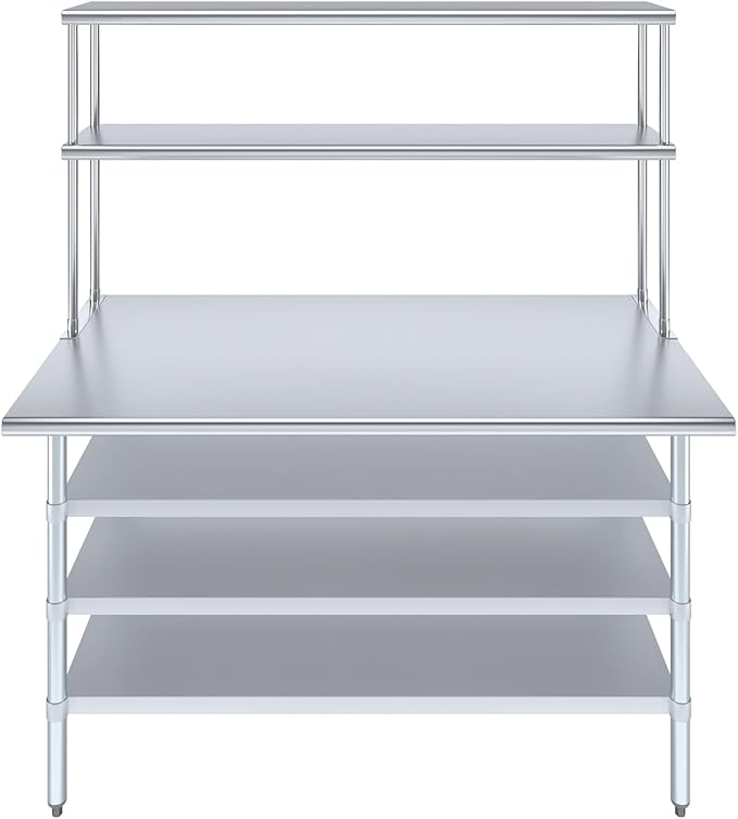 Amgood 30" x 60" Stainless Steel Work Table with 3 Shelves and 18" Wide Double Tier Overshelf | Metal Kitchen Prep Table & Shelving Combo | NSF