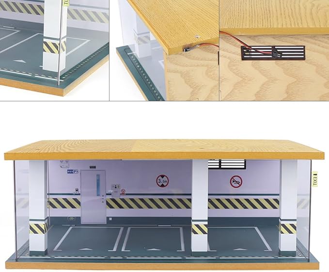 1/24 Parking Garage Model Car Garage Display Case with Clear Acrylic Cover and LED Lighting Toy Car Storage Tabletop Showcase for Boy Kids Home Toy Stores