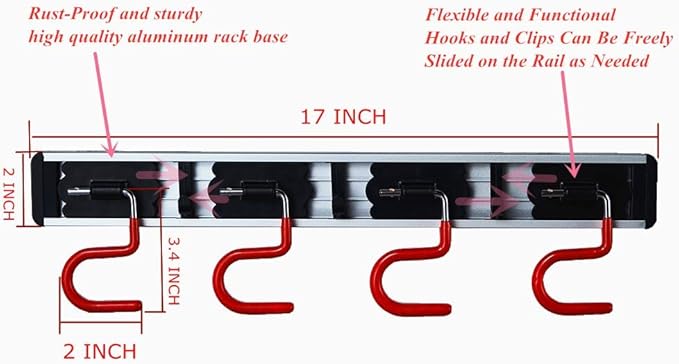 QBOSO Wall Mounted Mop and Broom Holder Stainless Steel S Type Broom Rack Anti-Slip Mop Organizer (17 Inches,4 Positions 3 Hooks, Red black)