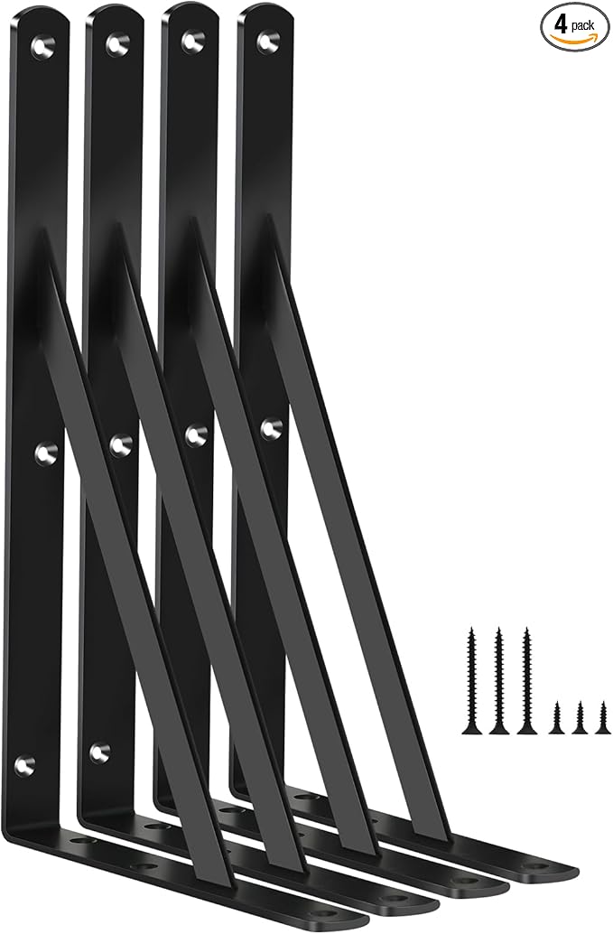 4 Pack L12 x H 8" Black Heavy Duty Shelf Brackets with Screws Metal Shelf Brackets Shelf Support Angle Brackets for Shelves L Brackets Heavy Duty Floating Shelf