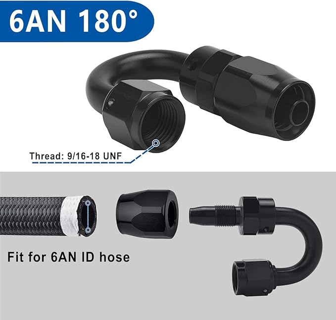 LokoCar 6AN Hose End Fitting 180 Degree Swivel For CPE Braided Hose Black 2Pcs