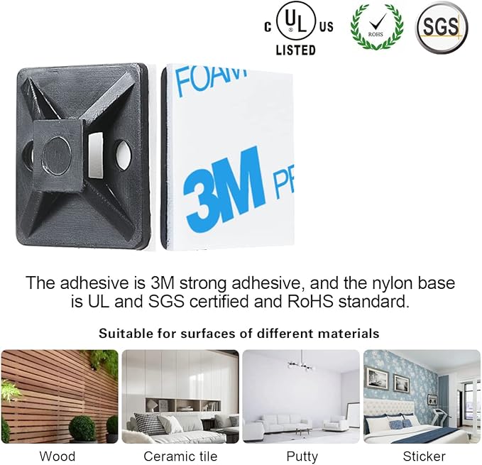 XHF 3/4" Strong Back-Glue Self Adhesive Black Cable Zip Tie Mounts 100pcs with 8" Zip Ties, Screws, UV Protection Outdoor Sticky Wire Fasteners Cable Clips Management Anchors Organizer Holders Squares