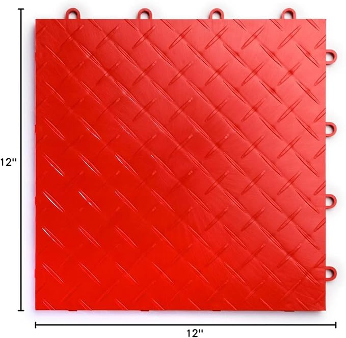 Big Floors RaceDeck Diamond Plate Design, Durable Interlocking Modular Garage Flooring Tile (Red, 48 Pack of 12 x 12" Tiles)