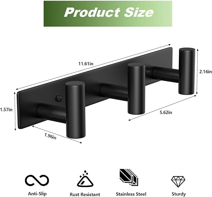 Wall Mounted Coat Rack-3 Hooks, Heavy Duty Stainless Steel Hook Rail for Towel Coat Hat Purse Bag Jacket, Towel Hooks for Entryway Bathroom Kitchen (Black 3 Hooks - 1 Pack)