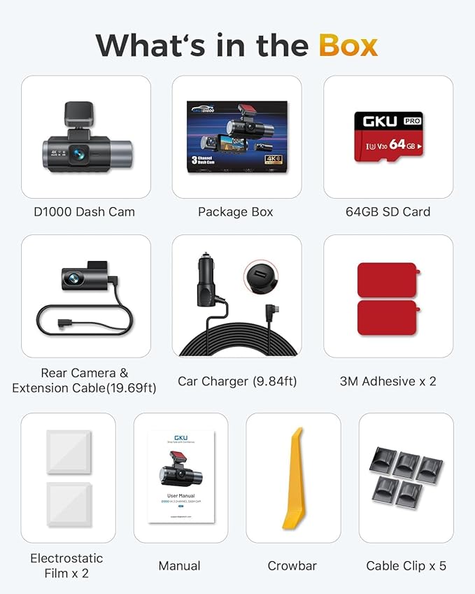 GKU 4K 3 Channel Dash Cam, 5.8GHz WiFi Built-in GPS, 4K+1080P+1080P Dash Cam Front and Rear Inside, 64GB Card Inserted, 24H Park Mode, Triple Car Camera 3 Inch Screen