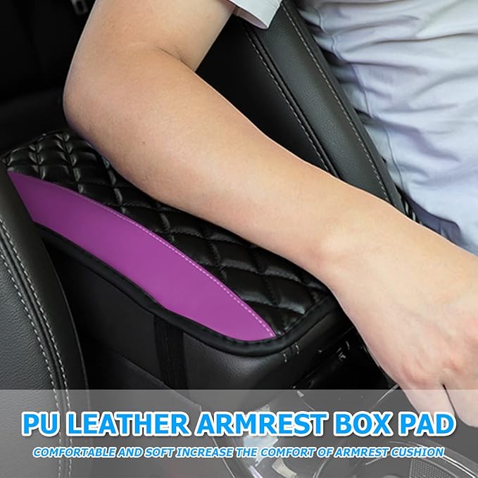 Car Center Console Cushion Pad, Universal Leather Waterproof Armrest Seat Box Cover Protector,Comfortable Car Decor Accessories Fit for Most Cars, Vehicles, SUVs (Purple)