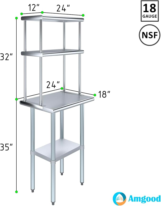 AmGood Stainless Steel Work Table Double Tier Overshelf | (18" x 24" Work Table + 12" Overshelf)