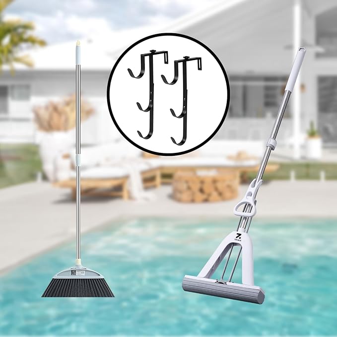 2Pcs Black Pool Pole Hangers, Adjustable Heavy Duty Swimming Pool Fence Hooks for Pool Equipment, Skimmers, Leaf Rakes, Nets, Brushes, Vacuum Hose, Garden Tool Organizer