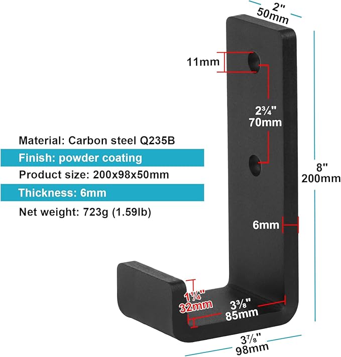 2 Pack 8" Black Steel J Hook, Extra Heavy Duty Wall Mount Utility Hook, Load 330 lbs, 1/4" Thick