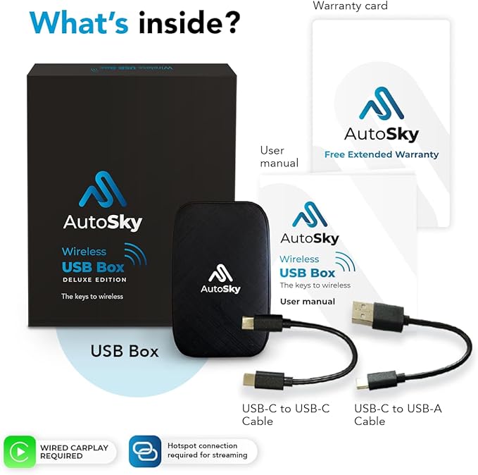 AutoSky Wireless CarPlay and Android Auto AI Box Lite for Factory Wired CarPlay Cars - Supports Netflix and YouTube Must use Hotspot - Go Wireless CarPlay and Android Auto. Wired CarPlay Required