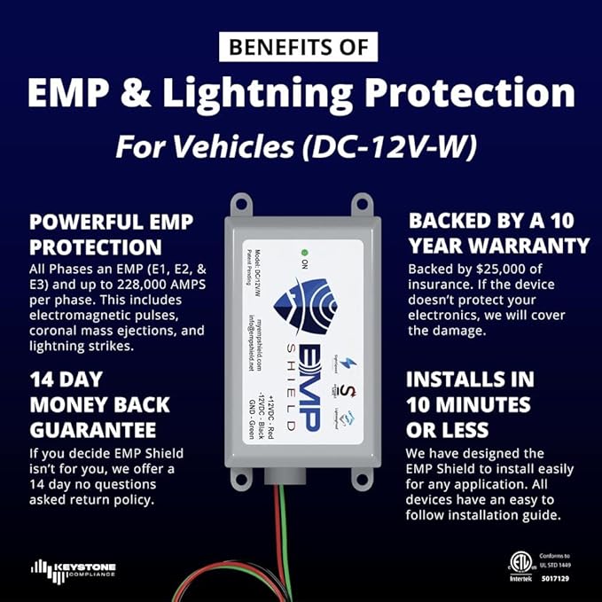 EMP Shield – Vehicle EMP Protection 12 Volt DC for Car and Truck (DC-12V-WV) Lightning, Solar Flare, and Surge Protection