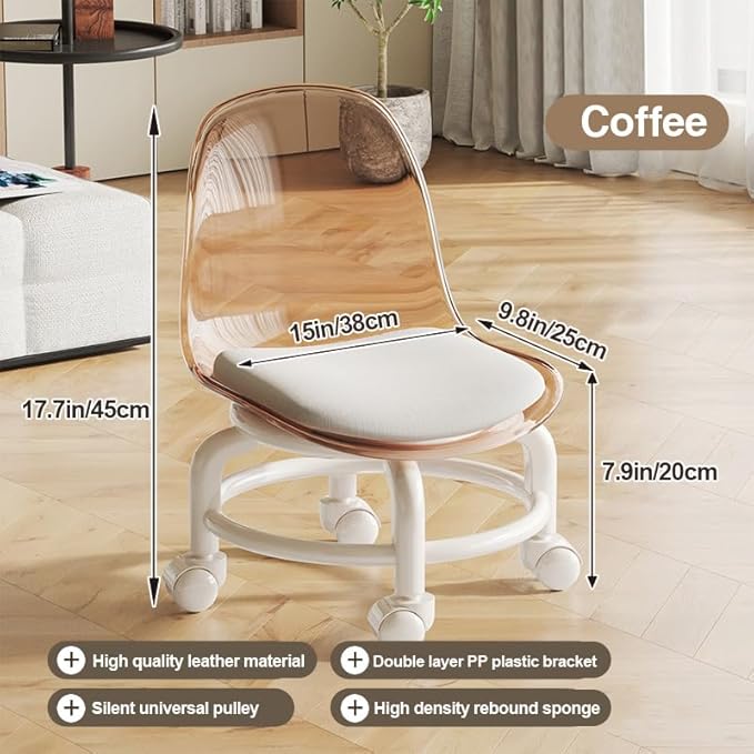Low Rolling Stool with Wheels,Mini Rolling Garage Stool with Back Support,360° Rotating Floor-Friendly Wheels for Home, Office,Garage & Salon (Transparent Brown)