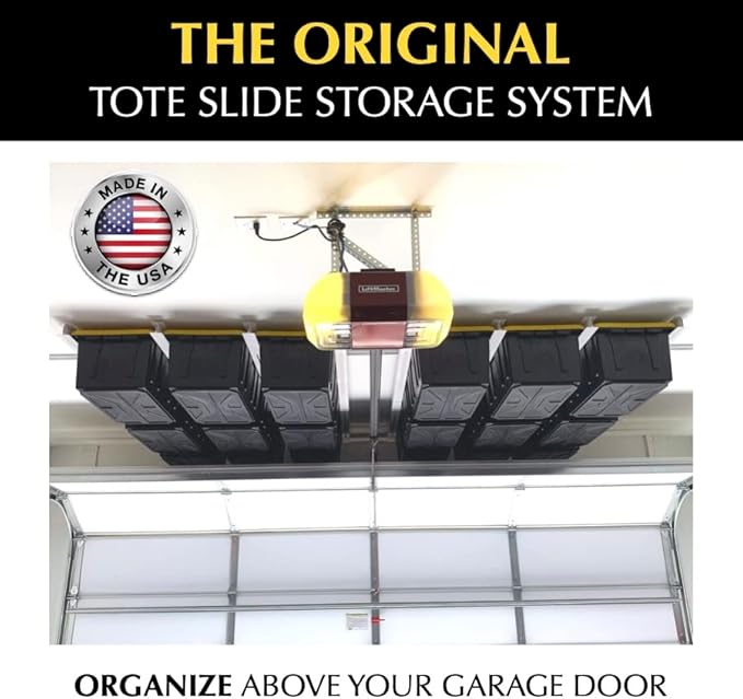 Tote Slide PRO – Made in USA | Heavy-Duty Alloy Steel Overhead Rack – Organize Up to 15 Storage Tote Bins on Garage Ceiling – 88” x 80” x 3.5”, White – Space-Saving Design