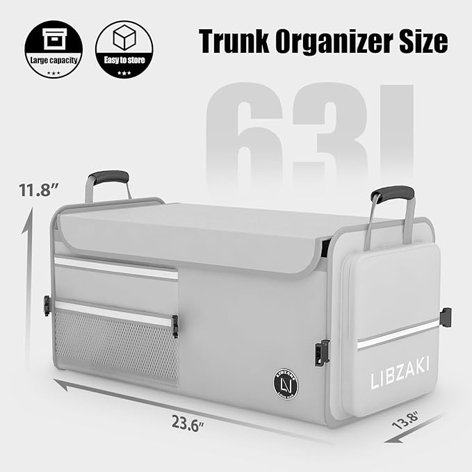 LIBZAKI Car Trunk Storage Organizer, Multi Compartment Collapsible Trunk Storage Box for Car Truck SUV-Gray