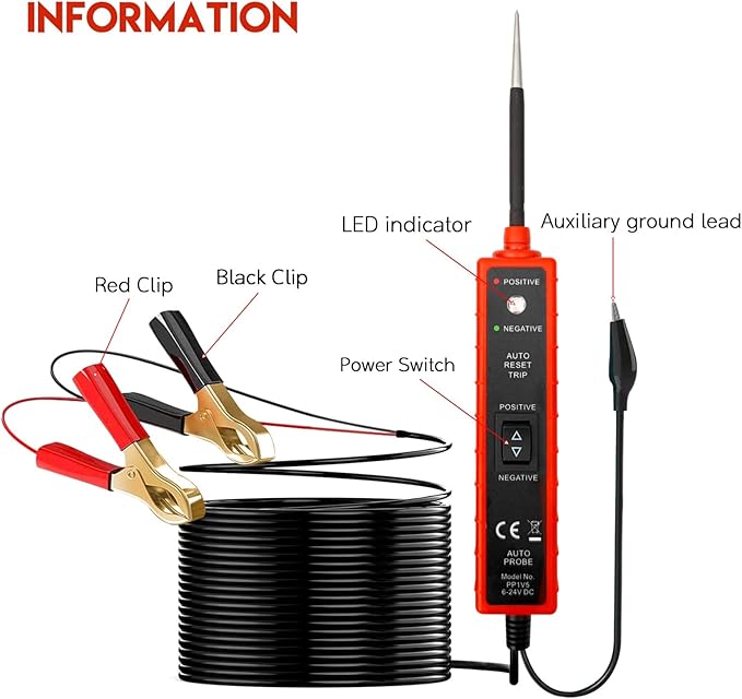 Power Circuit Probe Tester, 6-24V DC Circuit Tester, Test Light Automotive Short Circuit Located, Polarity Identify with LED Light Overload Protection