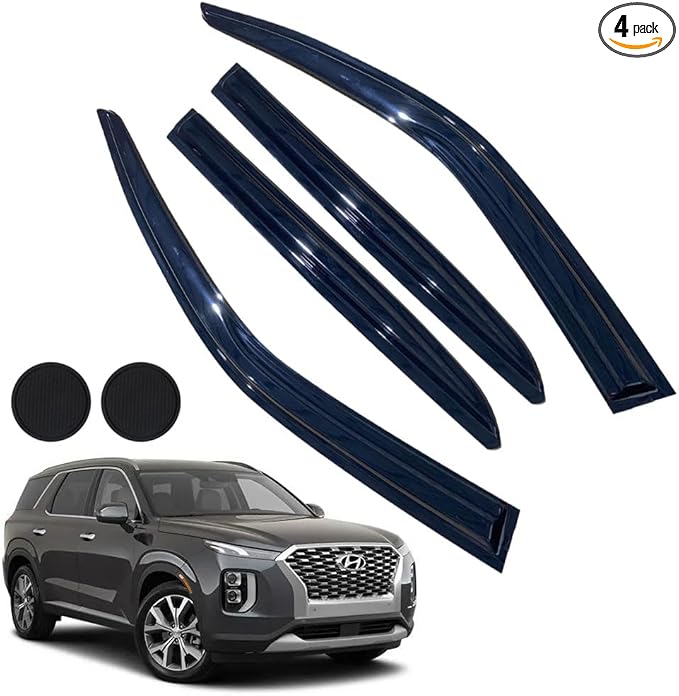 Rain Guards for Hyundai Palisade SE SEL XRT 2020-2024, Tape-on Side Window Deflectors for Hyundai Palisade, Window Visors for Hyundai Cars,for Hyundai Car Accessories 4 Rain Guards ＆ 2 Car Coasters