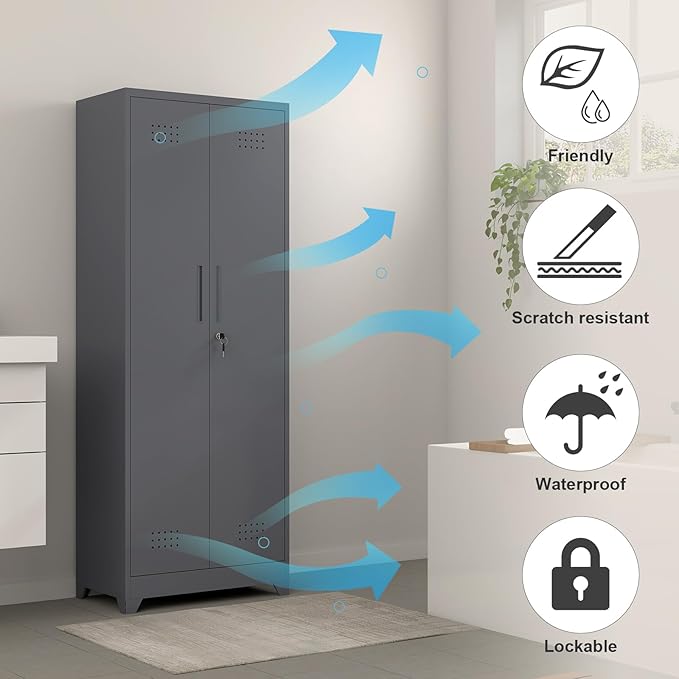 GREATMEET 65" H Metal Garage Storage Cabinets with Lock Door and Adjustable Shelves,Grey Broom Closet Storage Cabinet for Cleaning Supplies for Garage, Bathroom,Kitchen,Home