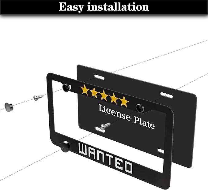 License Plate Protector Black, White, Yellow License Plate Frames Wanted Universal Aluminum Car Accessory 2 Pack with Screw Covers Set