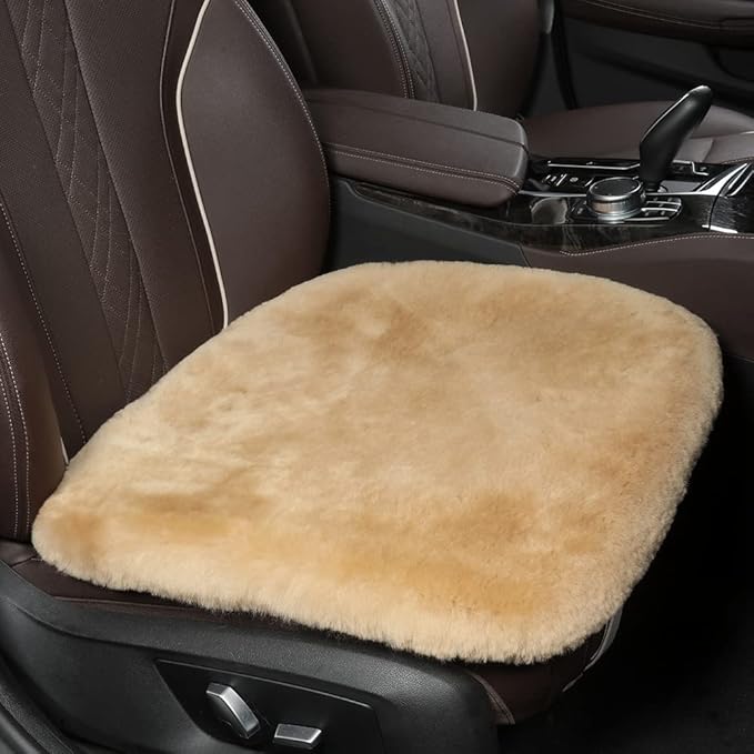 LLB Genuine Sheepskin Car Seat Cushion Seat Covers for Cars Trucks SUV Comfort Seat Protector Pad for Car Driver Seat Car Accessories for Women Office Chair Car Decor (Khaki, Front Seat Cushion-1 Pc)