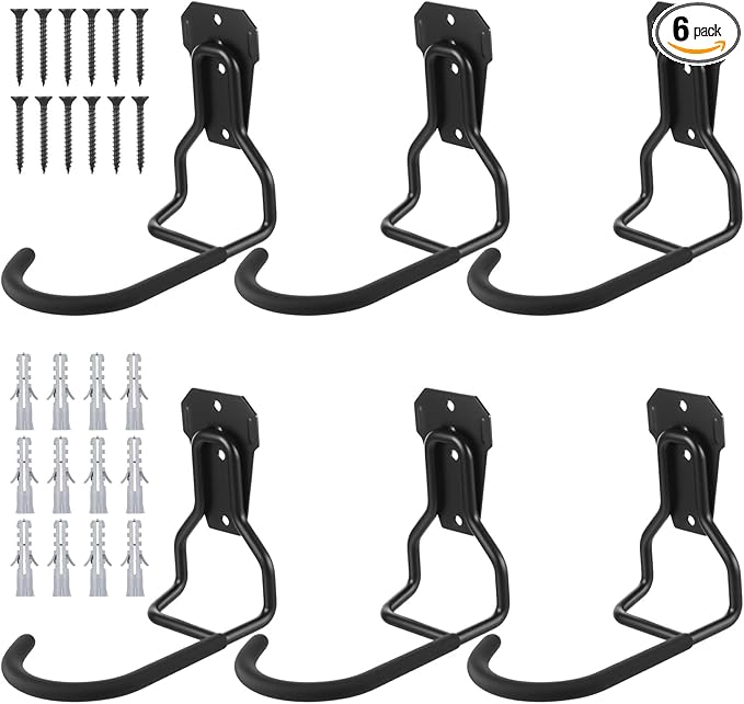 6 Pack Heavy Duty Bike Wall Mount Hooks - Steel Vertical Bike Rack for Garage, Strong & Space-Saving Bicycle Storage with Rubber Coating (Black)