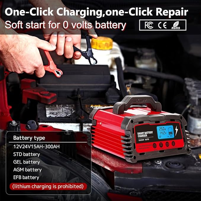 LVYUAN 2/10/25 Amp Car Battery Charger,12V Fully Automatic Smart Battery Maintainer with Engine Start, Trickle Charger, Auto Desulfator, Battery Repair, for All Lead-Acid