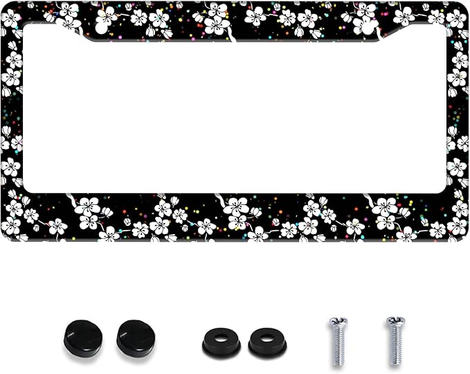 Personalized License Plate Frame White Cherry Blossoms Stainless Steel Accessory Flowers License Plate Holder Funny Car Decorative 2 Holes Fits Us Standard License Plates 12.2 X 6.3 in for Men Women