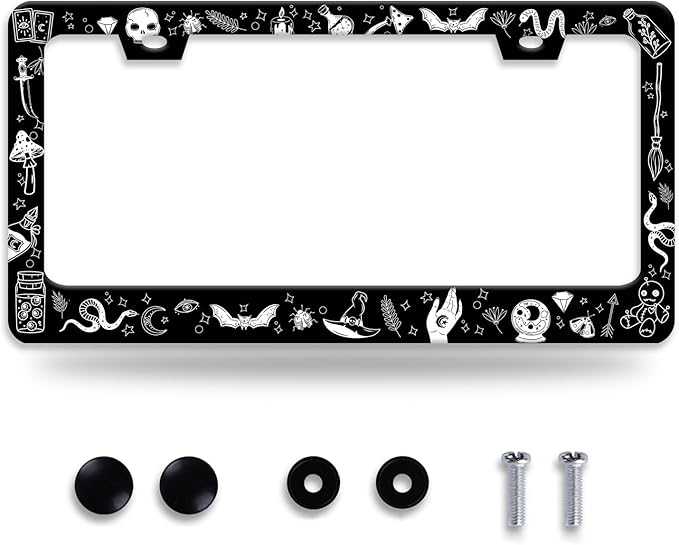 Witch License Plate Frame Gothic Magical License Plate Frames for Car Decorative Parts Stainless Stee License Plate for Standard Us Canada Funny License Plate Holder 12x6 Inch