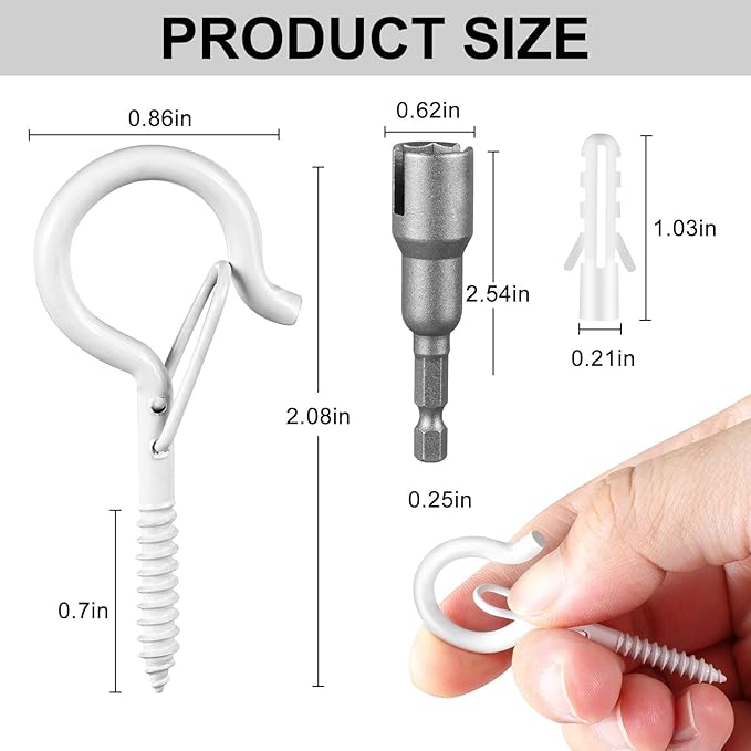 48 PCS Q-Hanger Hooks, Screw Hooks for Outdoor String Lights, Safety Buckle Design Cup Eye Hook for Hanging Christmas Lights, Plants, Mounted on Wall Ceiling, Include 1 Wing Nut Driver, White