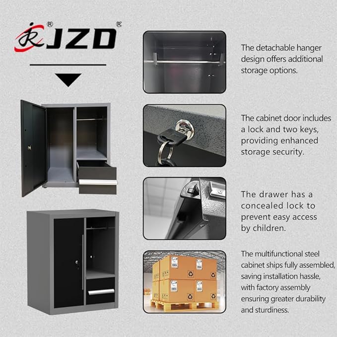 JZD Steel Garage Tool Cabinet System, for Workshop Basement Utility Room, Black and Grey, No Wall Mounting Needed