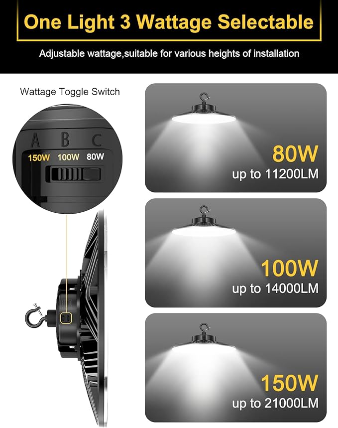 UFO LED High Bay Light, 150W/100W/80W Adjustable, 3000K/4000K/5000K Adjustable, UL & DLC Listed 21000LM 0-10V Dimmable IP65 Waterproof High Bay Lights AC100-277V for Warehouse Factory