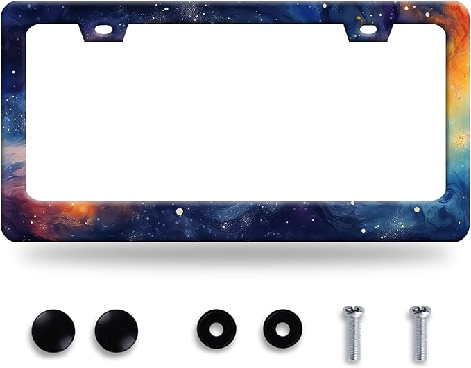 Watercolor Galaxy License Plate Frame Colorful Starry Sky License Plate Stainless Steel Funny License Plate Holder Men Women Galaxy Car Accessory Decoration 12.3" x 6.3"