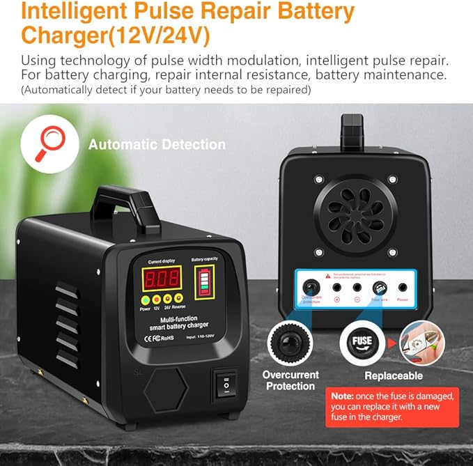 Outerman Car Battery Charger,24V/12V Fully-Automatic Battery Charger for Lead-Acid Batteries,Fast Charging Battery Maintainer/Trickle Charger/Battery Desulfator,for Large Capacity: 6~300AH