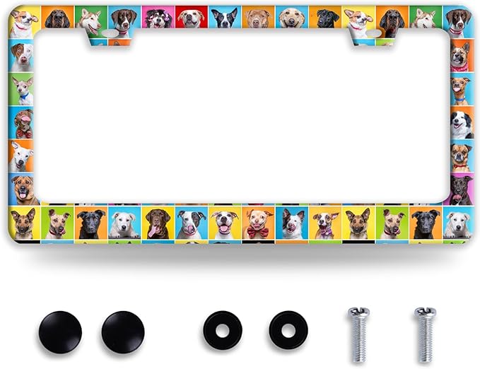 Dog License Plate Frame Puppy Pet License Plate Frames Funny Stainless Steel Accessories Cars Decor with 2 Holes and Screws Fits Standard Us Ca Vehicles License Plate Holder 12.2 X 6 Inch