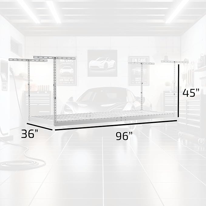 MonsterRax Overhead Garage Storage Racks 3x8’ Ceiling Mounted Shelving, Adjustable Hanging Organizer, Heavy Duty Steel, Holds 500 Pounds, Color: White, Adjustable from 24"-45" off the Ceiling