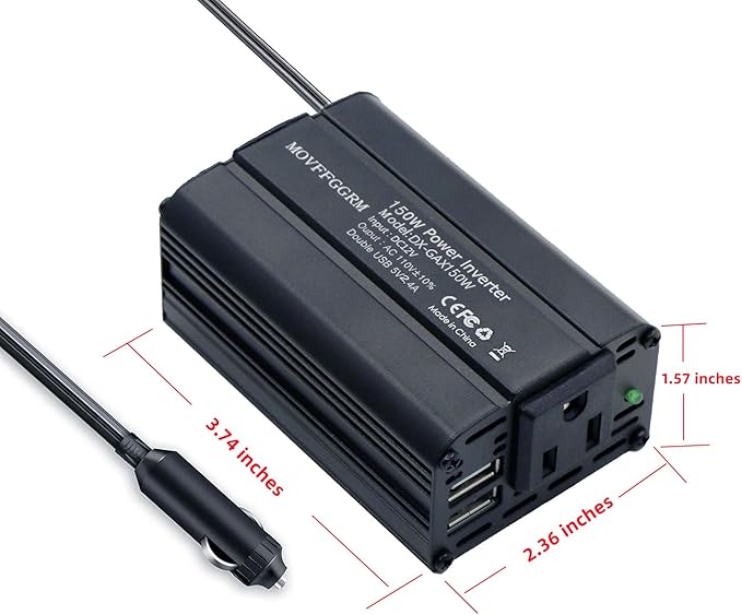 150W Power Inverter 12V DC to 110V AC Car Plug Adapter Outlet Converter with 2.4A Dual USB AC car Charger for Laptop Computer Black