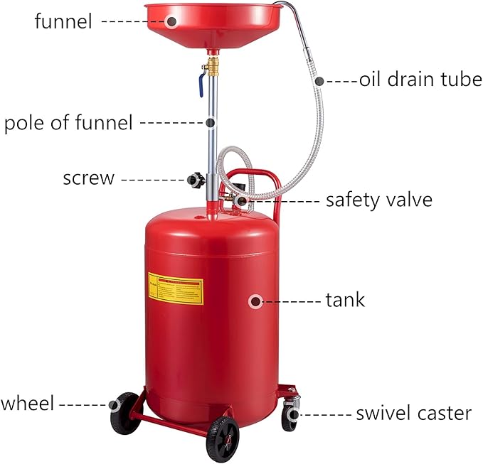 VEVOR 20-Gallon Waste Oil Drain Tank, Air Operated Portable Oil Drainer with Adjustable Funnel Height, Fluid Fuel Transfer Drainage with Wheels, Oil Change Container for Auto Repair Shops, Garages
