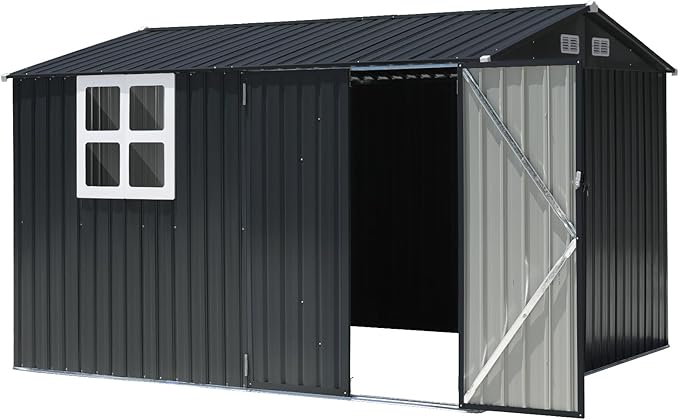 Verano Garden 10x8FT Outdoor Storage Shed, Large Galvanized Steel Metal Garden Shed with Window, Lockable Double Door, Outdoor Tool Shed for Backyard, Patio, Lawn(113.39"x98.03"x77.56")