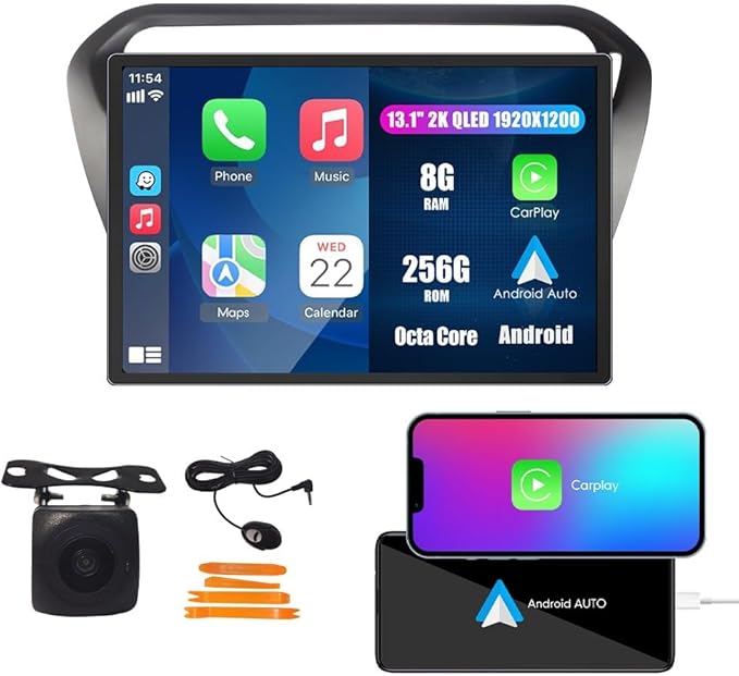 Kunfine Car CarPlay Android Auto Navigation Stereo GPS Radio Camera Display 13.1" QLED Touchscreen Headunit Tablet Media Player for Peugeot 301 2013-2022, if Applicable Octa Core 8G+256G Matte Black