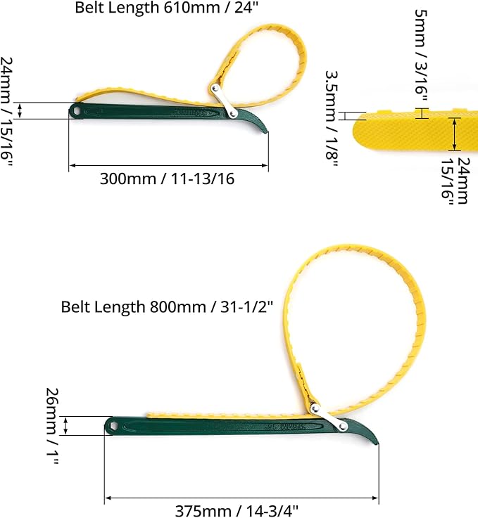 QWORK 15" + 12" Belt Strap Wrench, Multi-Purpose Adjustable Strap Oil Filter Strap Opener Wrench,with 35 7/16 inches Capacity Adjustable Strap, 2 Pack