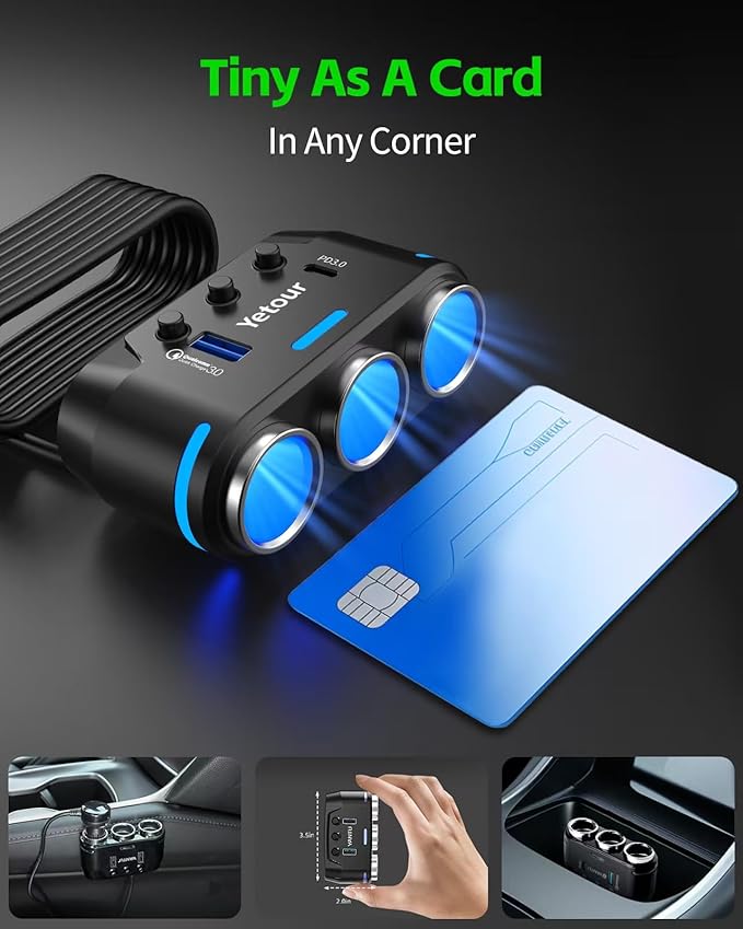 YANTU Cigarette Lighter Adapter/Splitter with PD&QC3.0 230W,Double/Dual USB C Car Charger Fast Charging 12V Outlet,Multi Socket Splitter with Ambient Lights/Independent Switches for Cars/Trucks/RVs