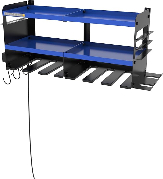 Permasteel Power Tool Organizer Wall Mount - 150 Lbs Load 3-Layer Heavy Duty Metal Storage Rack with Charging Station, Holds 6 Drills, 9 Hand Tools and 16 drill bits for Garage and Workshop, Blue