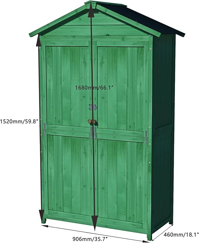 35.6" Outdoor Storage Shed,Wooden Shed with 4-Tier Removable Shelves,Garden Tool Cabinet W/Double Doors & Handles,All Weather Waterproof House W/Sloped Waterproof Asphalt Roof,Forest Green